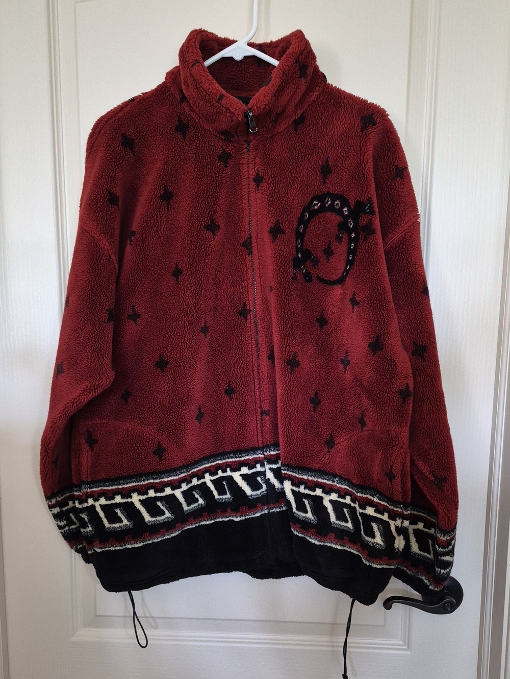 Women's Plush Teddy Jacket in Deep Red with Patterned Trim L Made In USA